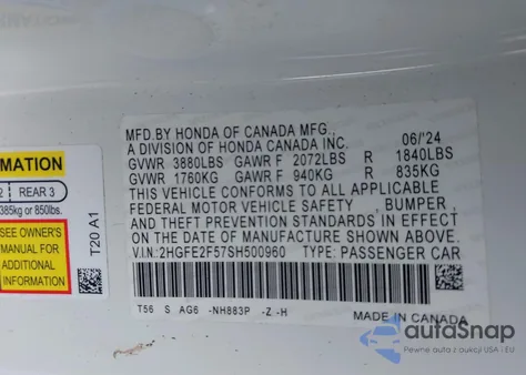 2025 Honda Civic Sport z USA, uszkodzony, nr VIN 2HGFE2F57SH500960